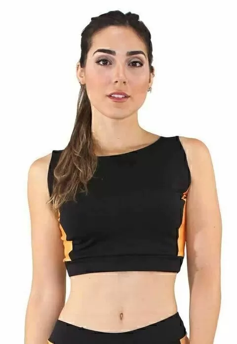 Cropped Fitness Preto Detalhe Amarelo
