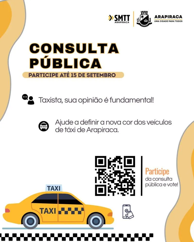 SMTT Arapiraca abre consulta pública para definir nova cor padrão dos táxis